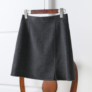 秋冬双面羊毛呢侧开衩高腰半身裙 A字裙保暖显瘦短裙 有设计