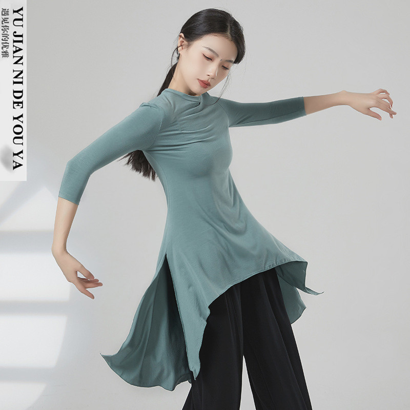 莫代尔半高领七分袖不规则开叉中长款现代舞蹈服成人练功服上衣女