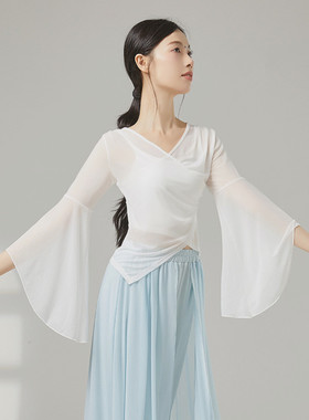 白色喇叭袖中国舞古典舞服装舞蹈服练功服演出服上衣女飘逸网纱衣
