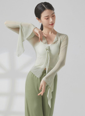 绝美绿色喇叭袖中国舞古典舞蹈服装练功服演出服上衣女飘逸网纱衣
