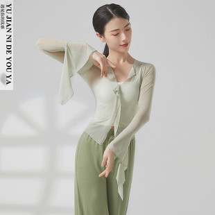 绝美绿色喇叭袖中国舞古典舞蹈服装练功服演出服上衣女飘逸网纱衣