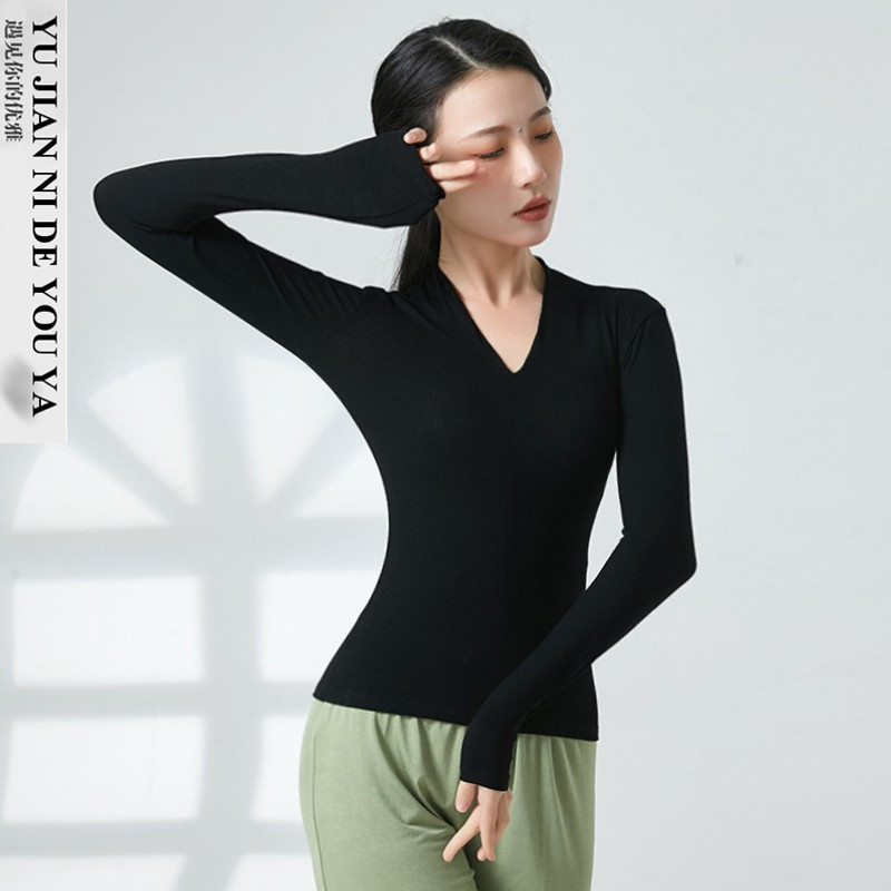日常可穿黑色长袖v领形体服现代舞蹈服装成人练功服上衣女款新款