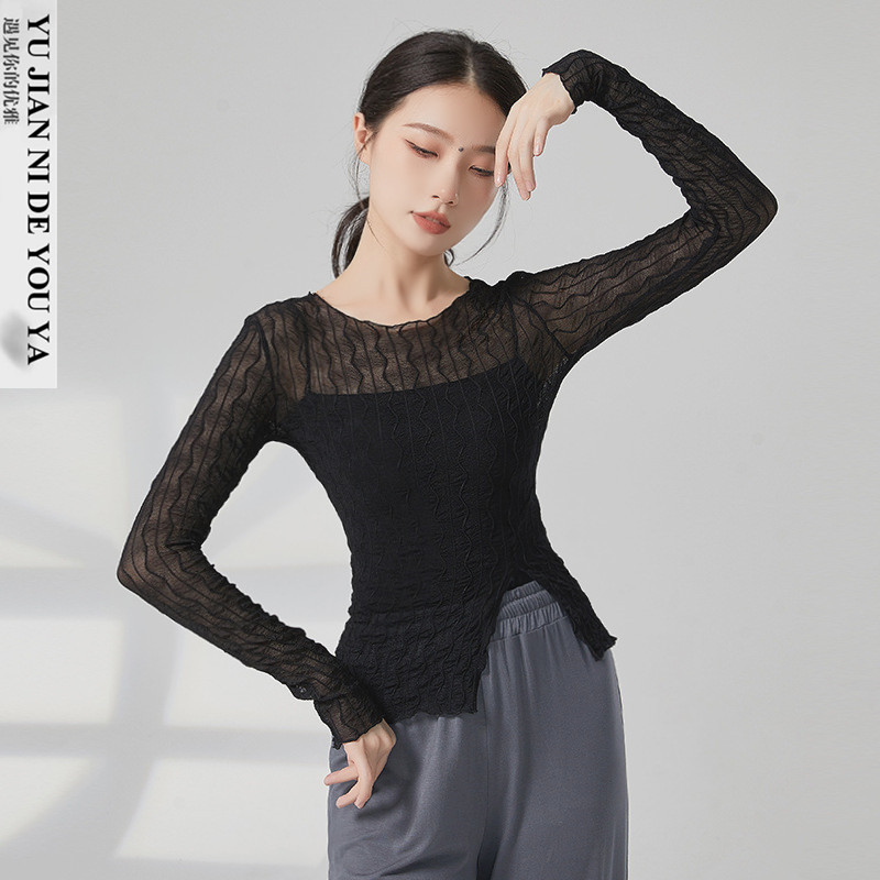 2025新款圆领开叉黑色蕾丝微透网纱现代舞蹈服成人练功服上衣女款