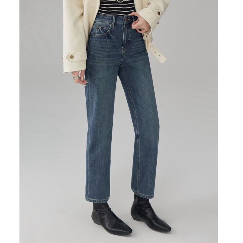 现货 漫画腿牛仔裤 修腿神器~磨毛抓绒九分蓝色牛仔裤植绒法棍裤