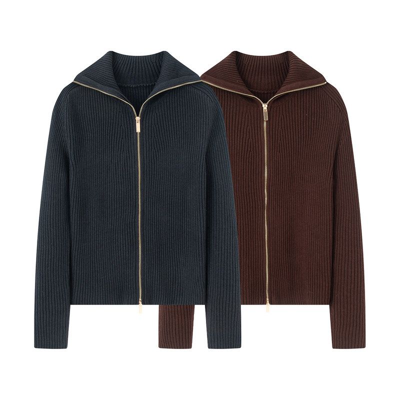 2025冬季新款翻领拉链设计直筒显瘦长袖针织开衫毛衣L0171127003