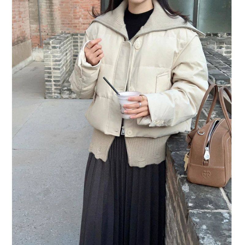 现货90白鸭绒两件套毛织马甲短款