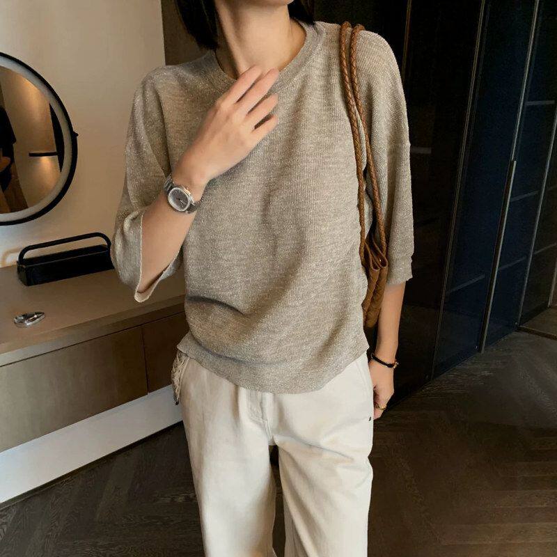 现货轻奢风细闪针织七分袖T恤女