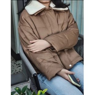 现货 保暖加厚面包服外套V1985 秋冬焦糖棕毛领羽绒服女宽松短款