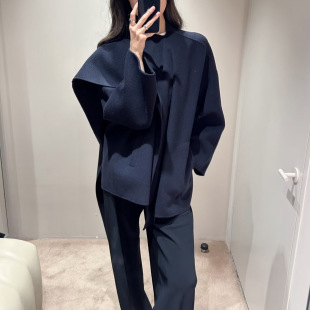 现货 CS女装双面羊毛混纺围巾式斗篷毛呢外套藏青色秋1361214001