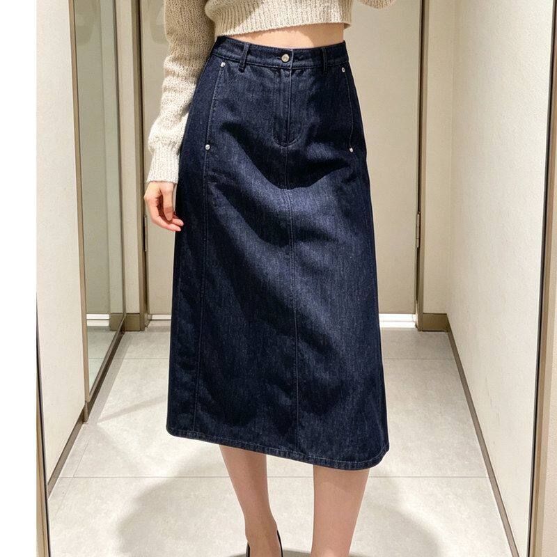 现货 2026藏青高腰牛仔半身裙女夏季新款显瘦直筒中长款A字裙子