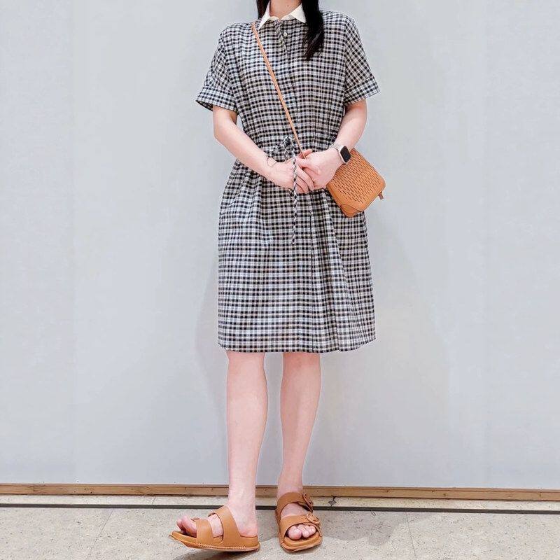 现货 恋小维格纹撞色领连衣裙女夏季收腰显瘦学院风短袖衬衫裙