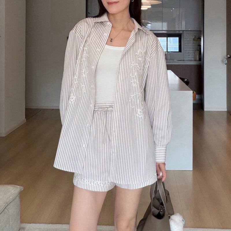 现货 26套装女夏季刺绣色织条纹衬衫宽松翻领衬衣上衣+短裤两件套