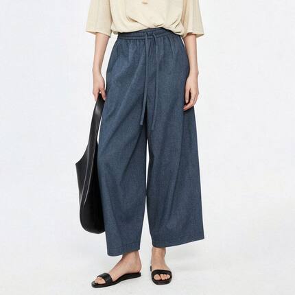 现货 设计师款日系休闲阔腿裤女夏季松紧腰抽绳九分仿牛仔气球裤