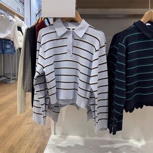 日单女装柔滑棉质POLO领条纹长袖针织衫/毛衣毛衫484503 482971