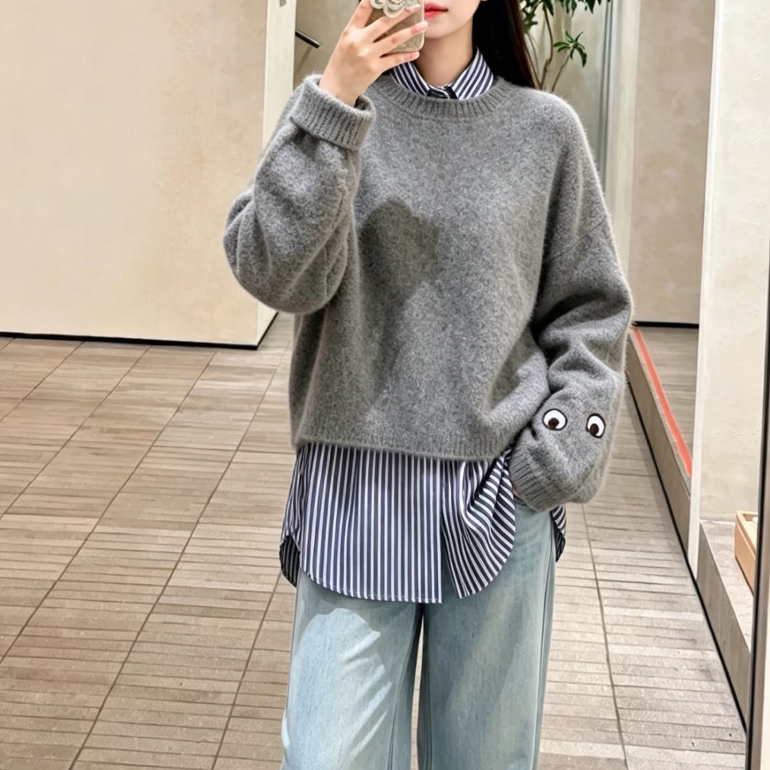 现货 灰色圆领短款针织毛衣女眼毛针织衫