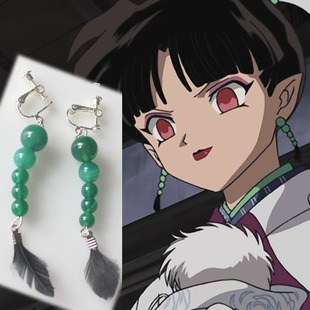 犬夜叉周边cosplay风使神乐配件神乐绿玛瑙黑羽毛耳环无耳洞耳钉