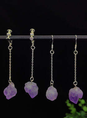 莲花乔陈都灵同款紫色水晶楼婉娩原石流苏吊坠耳环耳钩耳坠首饰品