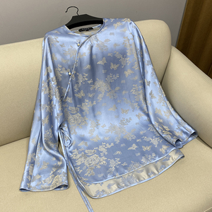 新中式美学 真丝提花 国风高级感斜襟系带宽松圆领长袖衬衫上衣