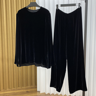 剪裁阔腿裤 优雅高阶 一片式 老钱风柔软细腻真丝丝绒圆领上衣 中式