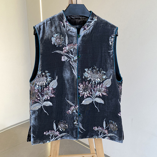 重磅牛货 国风美学 新中式海棠花重工钉珠绣花真丝绒对襟马甲马夹