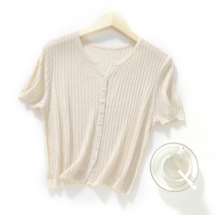 亚麻防晒短袖开衫女冰丝针织T恤衫薄款披肩外搭高腰短款上衣小衫