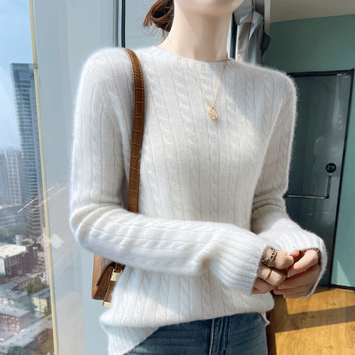 100%纯羊毛衫女圆领扭花针织长袖