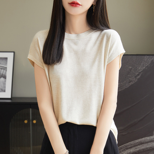 新款圆领针织短袖女夏薄款纯色套头半袖T恤休闲百搭天丝背心上衣