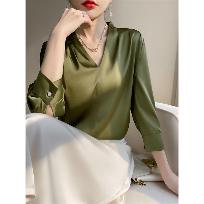 重磅真丝衬衫女高级感夏季七分袖新款名牌绿色气质100%桑蚕丝上衣