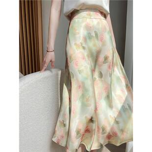 法式 醋酸绸缎半身裙女高腰桑蚕丝A字裙油画中长裙垂感印花包臀裙