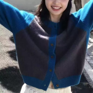 100%美丽诺羊毛开衫女秋冬撞色慵懒风针织衫韩系氛围感毛衣外套潮