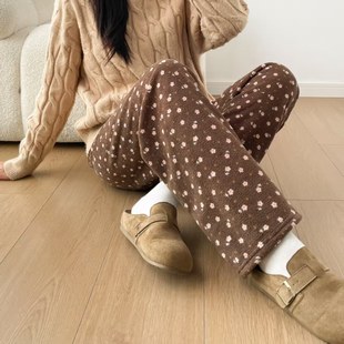碎花珊瑚绒睡裤女冬季加厚宽松家居服柔软法兰绒松紧腰直筒家居裤