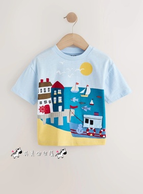 NEXT英国男童装正品26夏男宝蓝色卡通港口轮船贴布纯棉短袖T恤