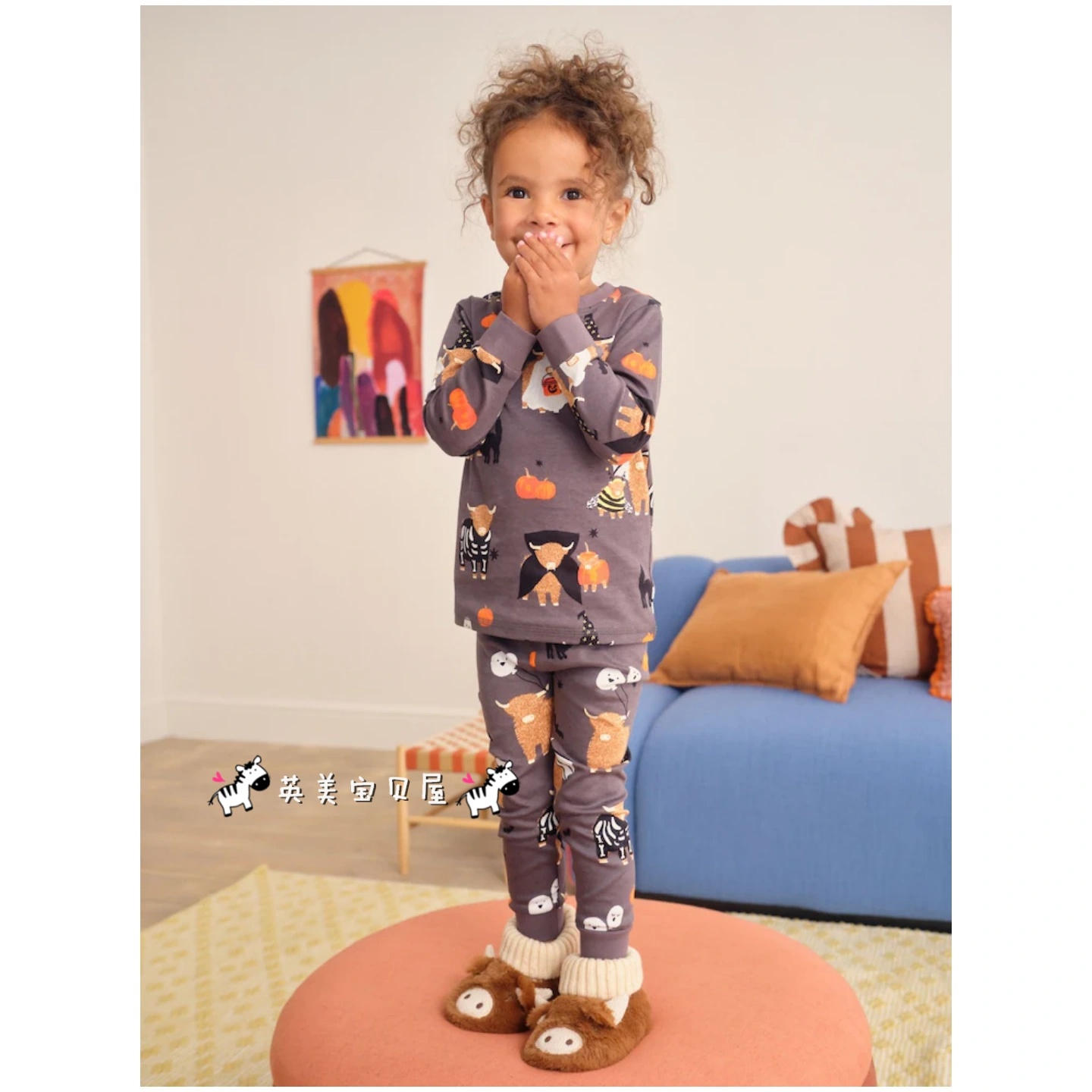 NEXT英国女童装正品25秋女宝卡通万圣节牦牛蝙蝠猫纯棉家居服套装