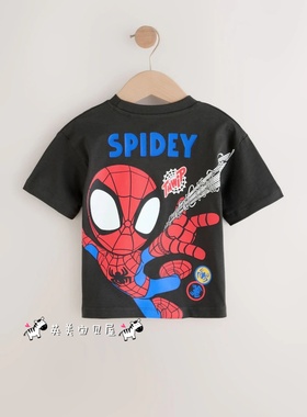 NEXT英国男童装正品26夏男宝黑色漫威卡通蜘蛛侠字母纯棉短袖T恤