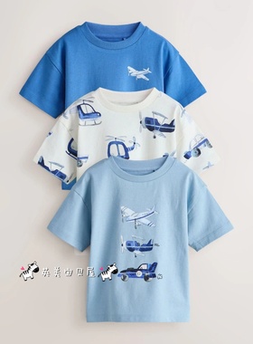NEXT英国男童装正品26夏男宝蓝白色卡通汽车飞机纯棉短袖T恤3件套