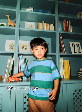 NEXT英国男童装正品26夏男宝桔蓝绿色条纹拼接复古纯棉短袖T恤