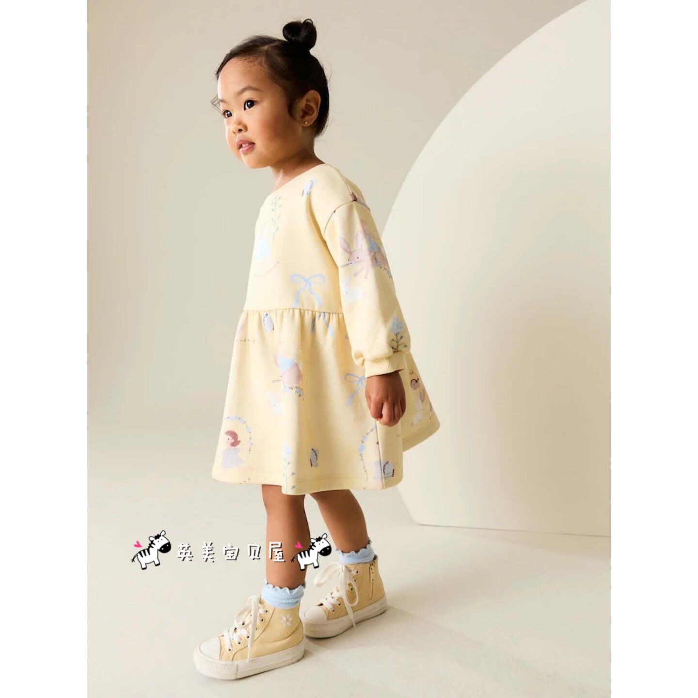 NEXT英国女童装正品26春女宝黄色卡通小仙女兔子长袖卫衣款连衣裙