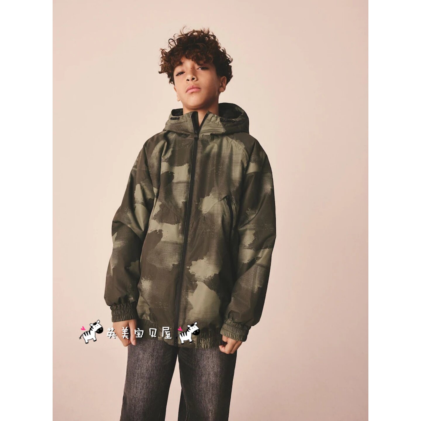 NEXT英国男童装正品26春男大童军绿色迷彩连帽防水夹棉夹克外套