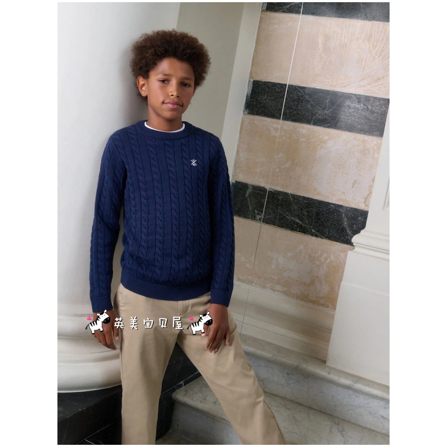 NEXT英国男童装正品25秋冬男大童深蓝色麻花纹复古纯棉针织衫毛衣