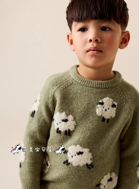 NEXT英国男童装正品26春男宝军绿色卡通小绵羊百搭休闲毛衣针织衫