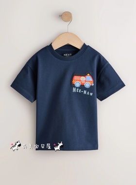 NEXT英国男童装正品26夏男宝深蓝色卡通消防车贴布纯棉短袖T恤