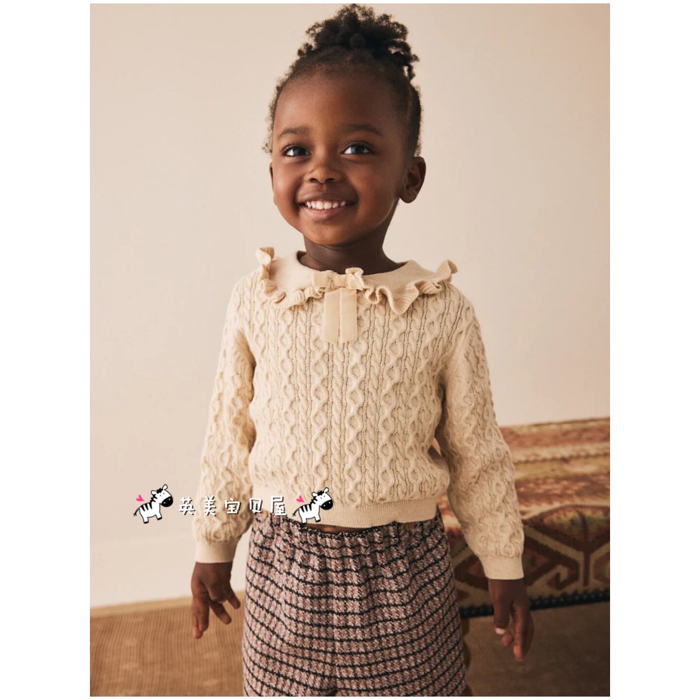 NEXT英国女童装正品25秋女宝米白色麻花纹蝴蝶结荷叶领针织衫毛衣