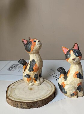 彩绘手工木雕小猫摆件