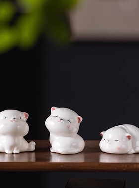 创意茶宠摆件精品可养陶瓷萌猫茶盘茶台桌面工位装饰功夫茶道配件