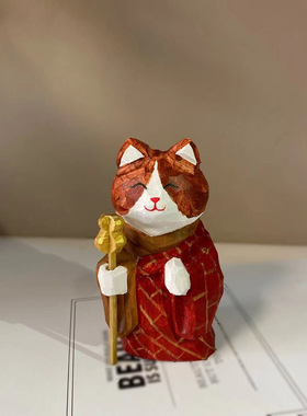 手工彩绘木雕袈裟猫摆件