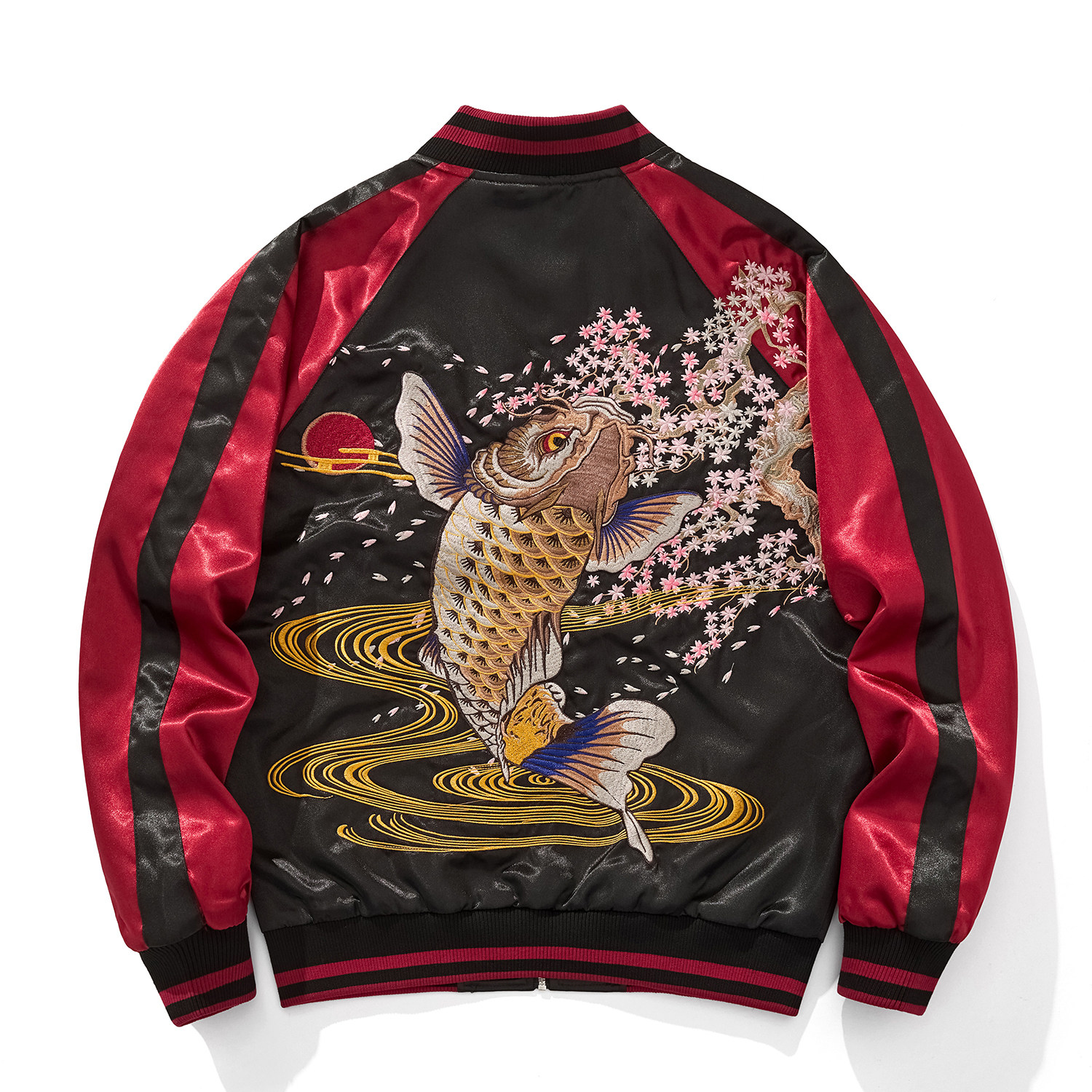 SUKAJAN 刺绣夹克棒球服海蓝鲤鱼重磅夹克外套男女丝卡将缎面