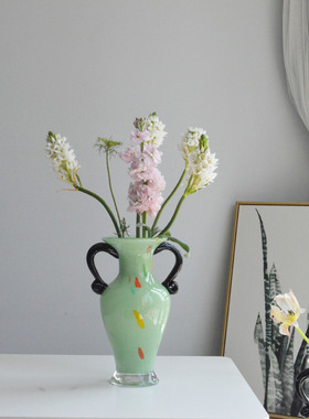 法式复古奶黄色手工琉璃花瓶客厅高档摆件卧室玻璃彩色插花鲜花器