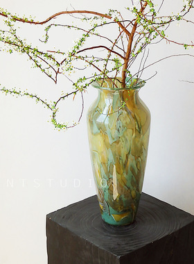 高级轻奢水培百合插花摆件现代家居复古岩石肌理玻琉璃样板间花瓶