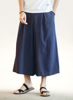 中国风显瘦阔腿裤亚麻休闲裤垂感纯色七分裤棉麻日式古风宽松裙裤