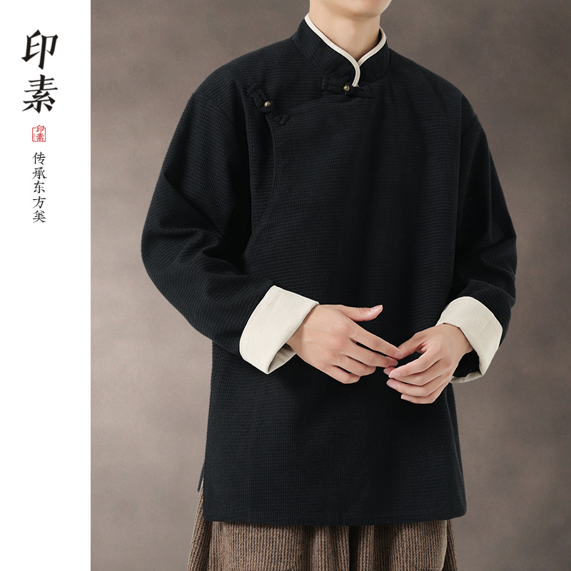 印素秋款中式斜襟上衣居士服茶服男宽松大码唐装禅服男装汉服男